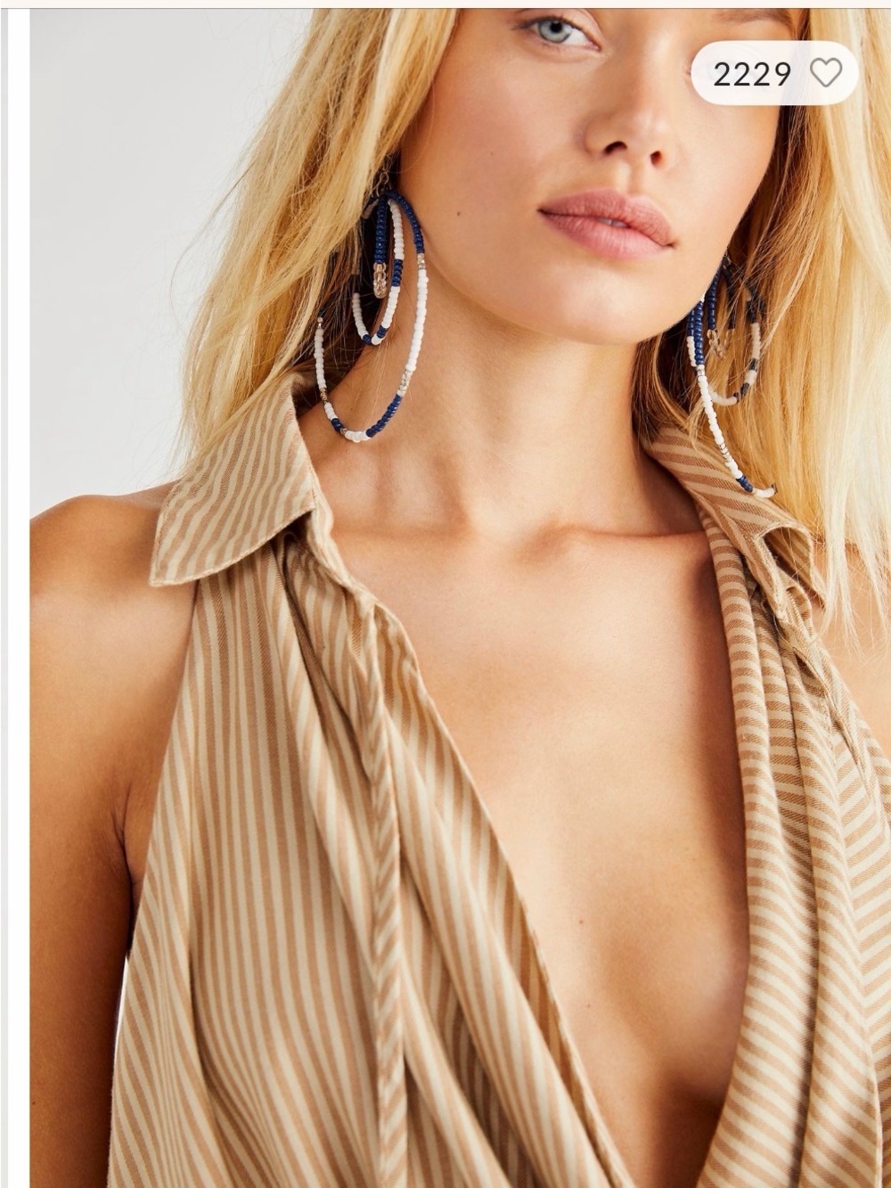 Free People Tan and White Striped Sleeveless Button-Front Shirt